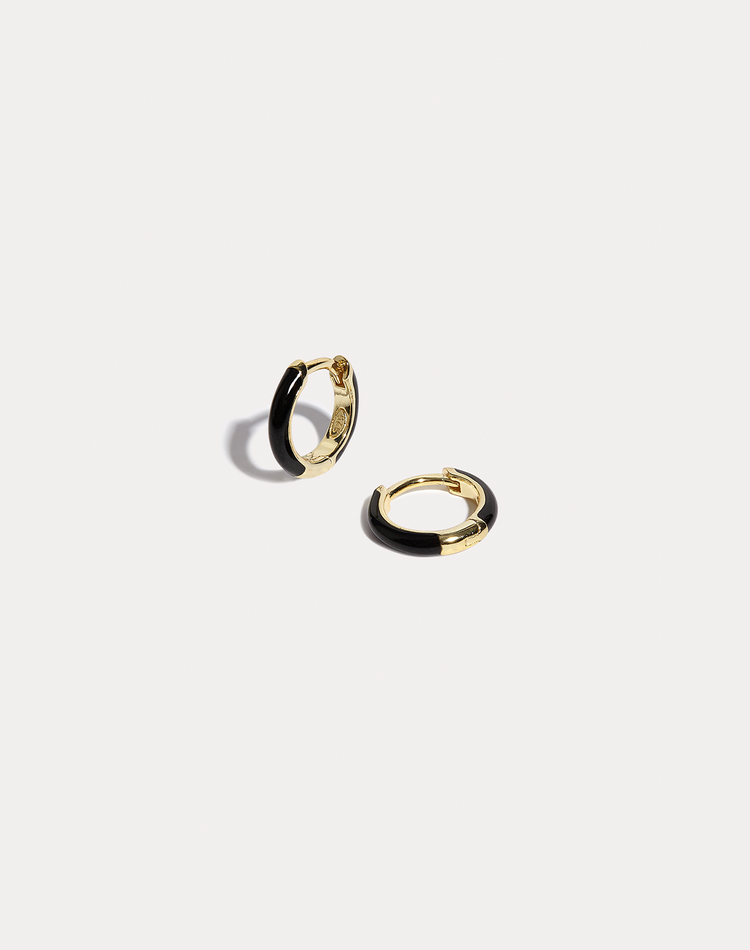 Black Enamel Gold Hoop Earrings